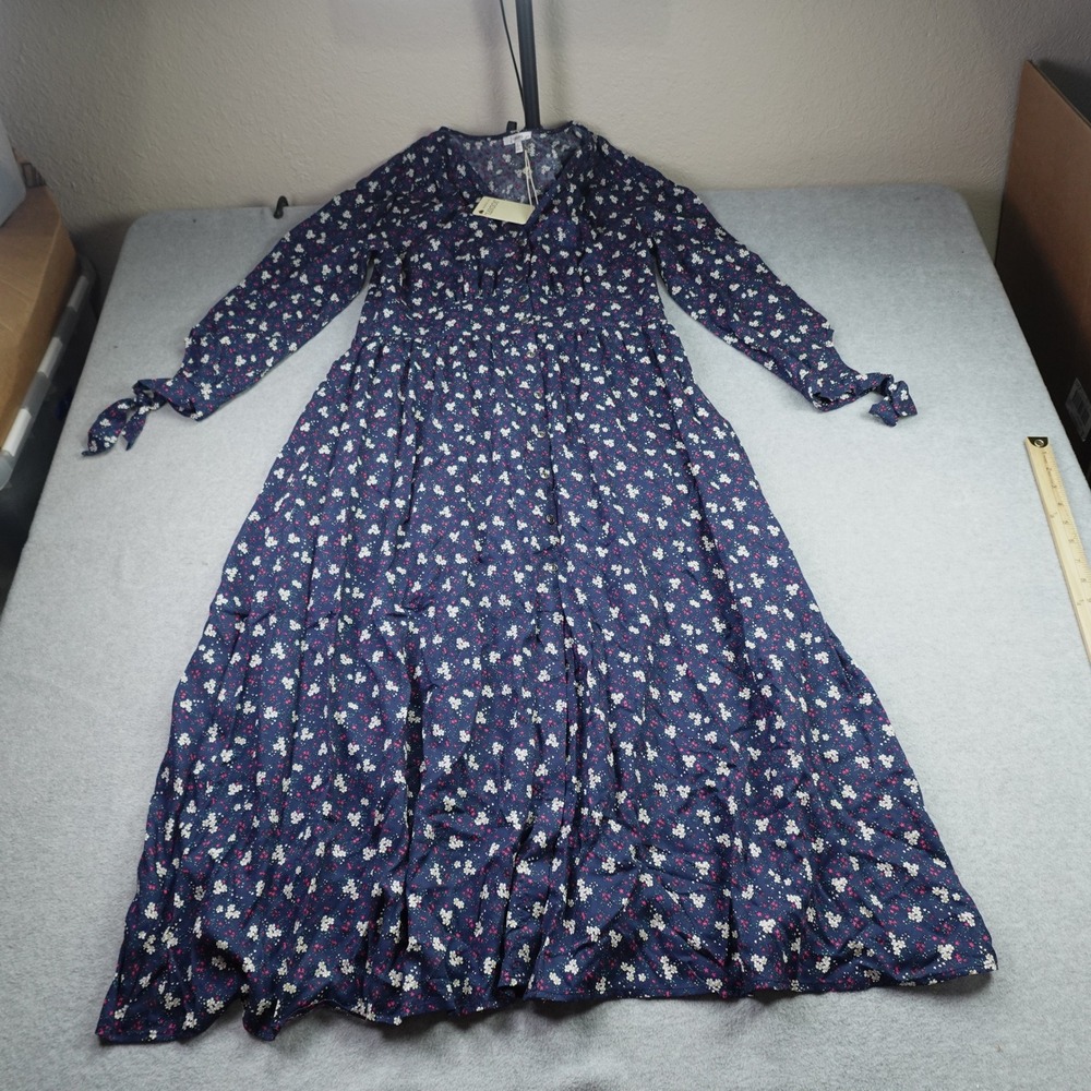 Jodifl Dress Womens L Navy Blue Floral Maxi Boho Button Front Cottagecore